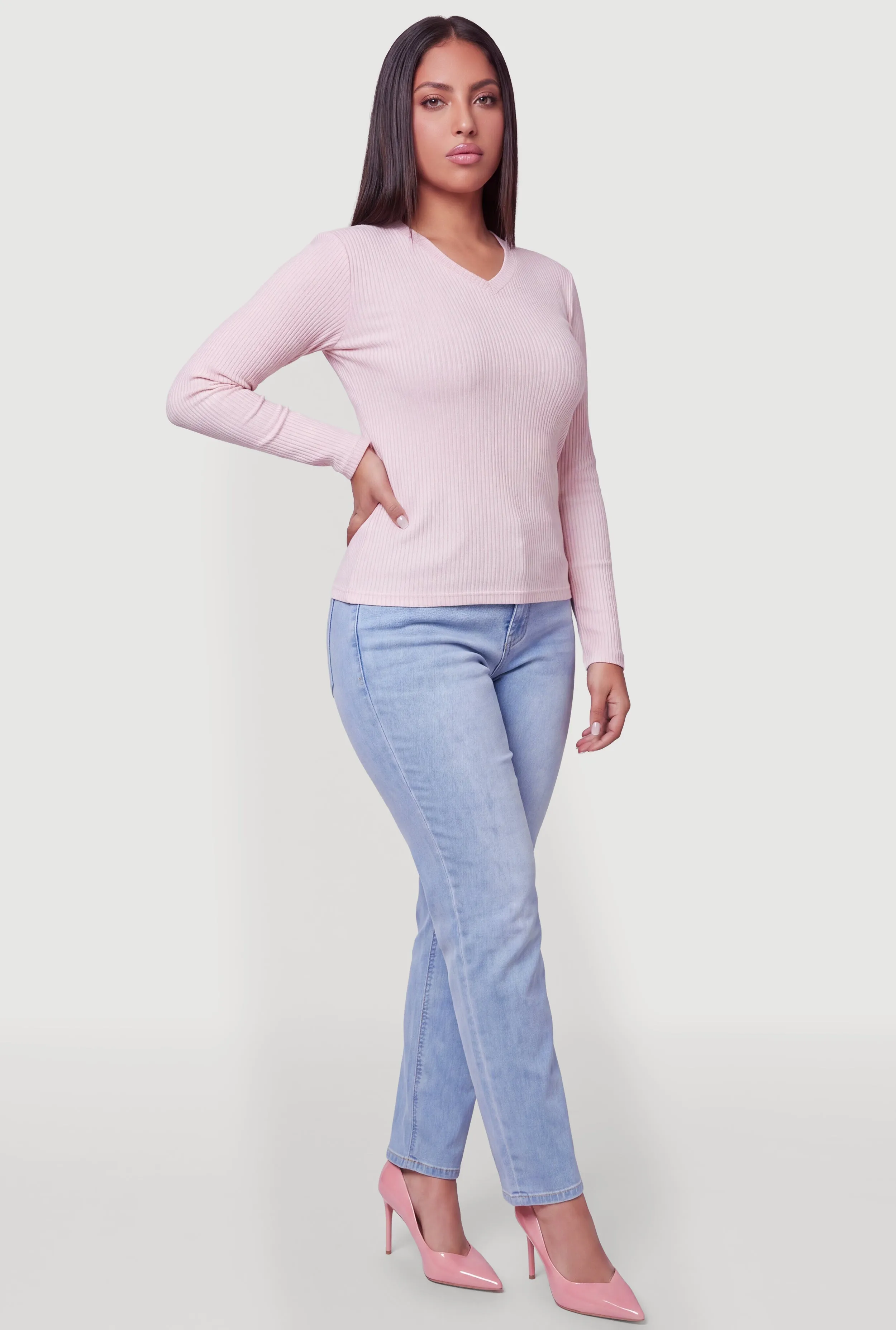 Plus Size Ribbed Knit V-Neck Long Sleeve Top sold by Rainbow product image thumbnail 3