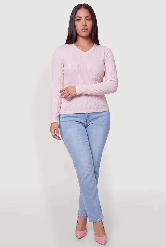 Plus Size Ribbed Knit V-Neck Long Sleeve Top made by Rainbow