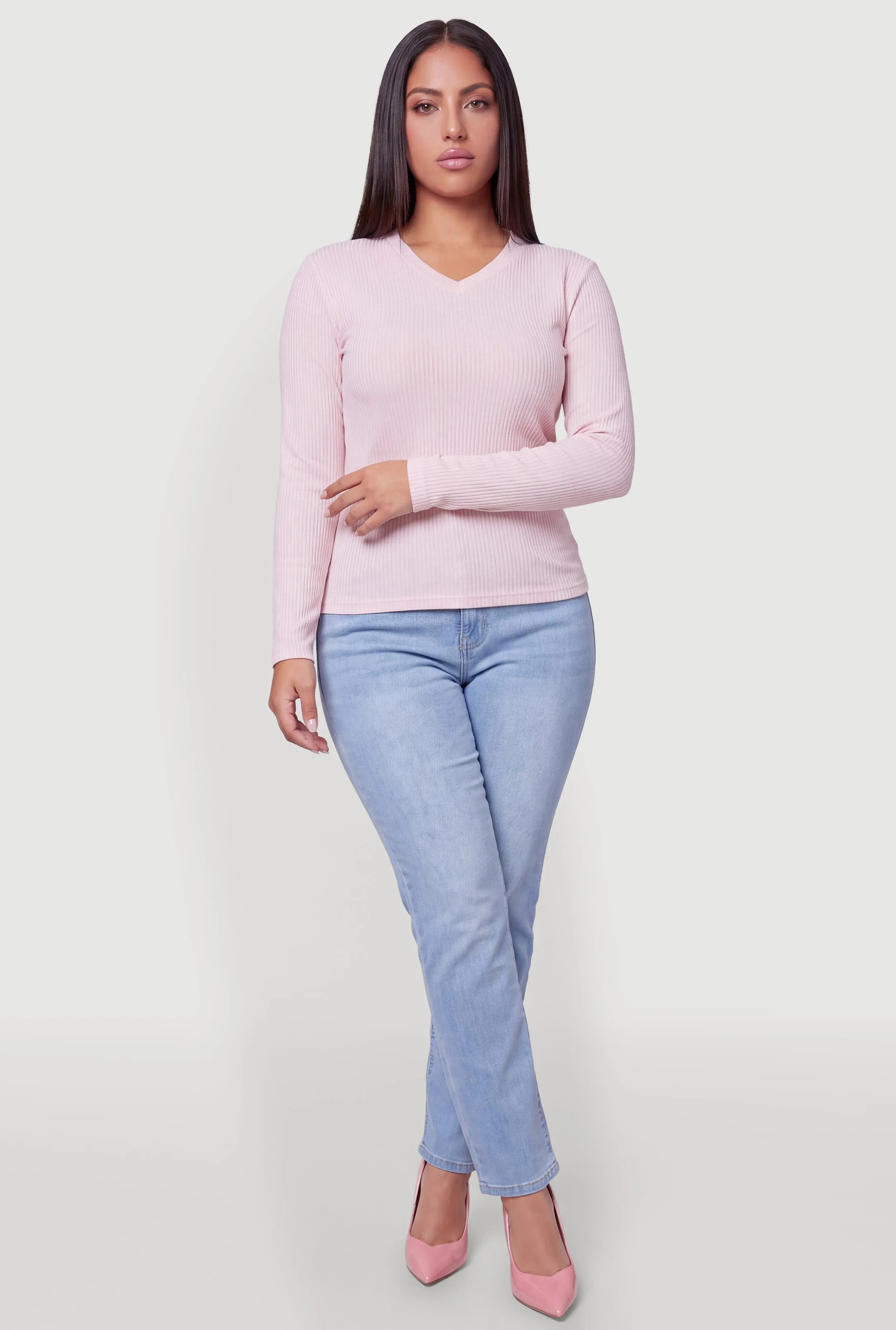 Plus Size Ribbed Knit V-Neck Long Sleeve Top sold by Rainbow