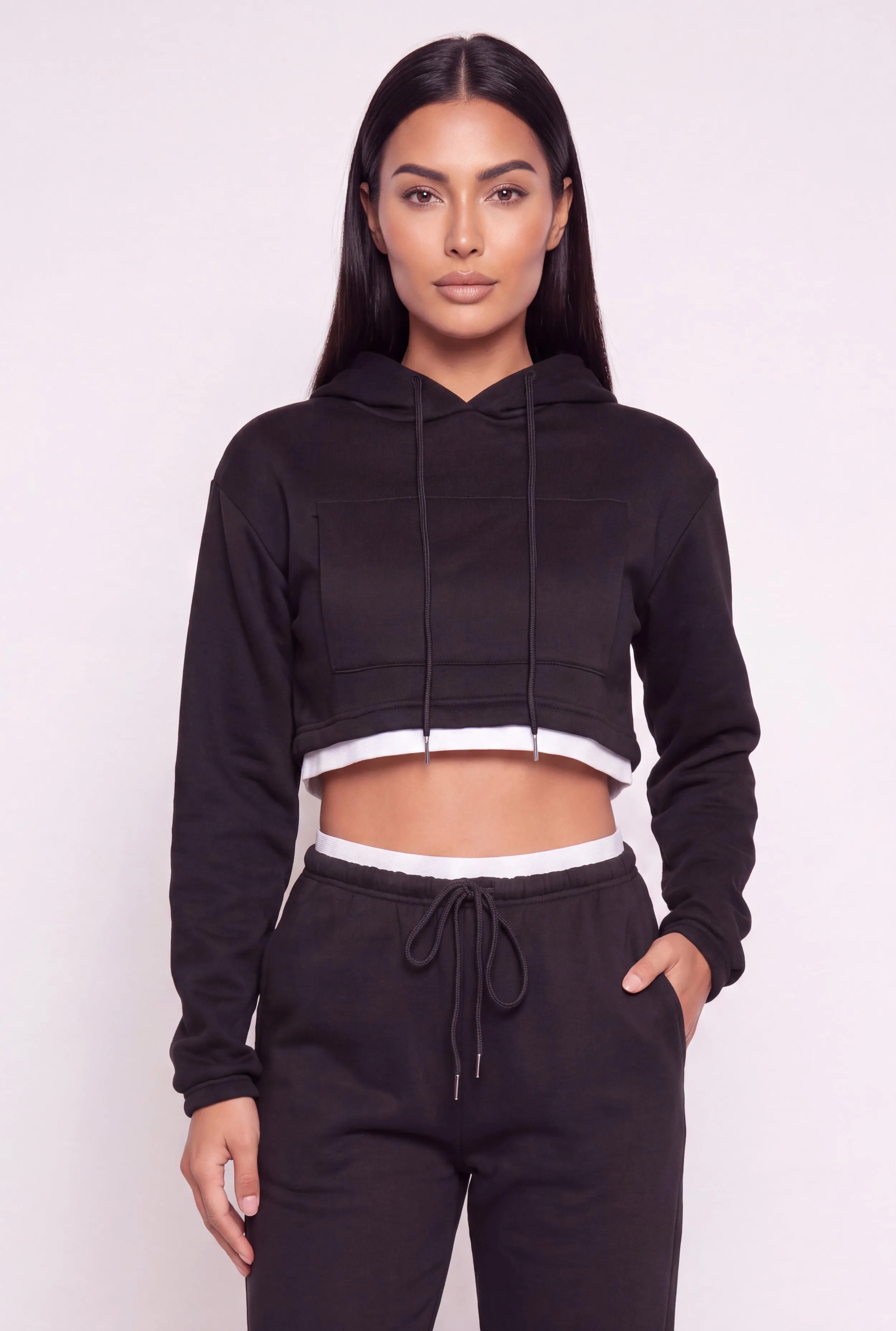Contrast Hem Fleece Cropped Hoodie sold by Rainbow