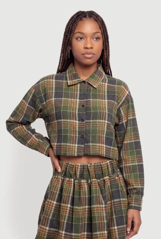 Plaid Brushed Knit Cropped Shirt made by Rainbow