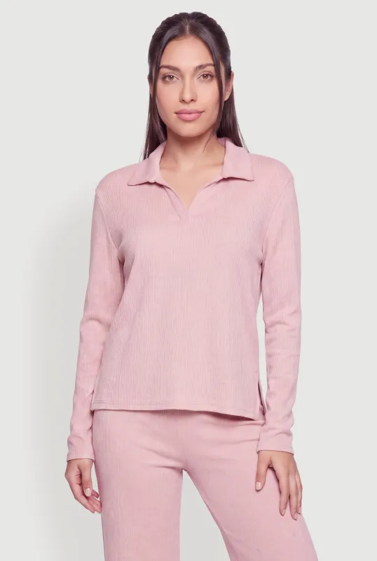 Brushed Knit Johnny Collar Long Sleeve Top made by Rainbow