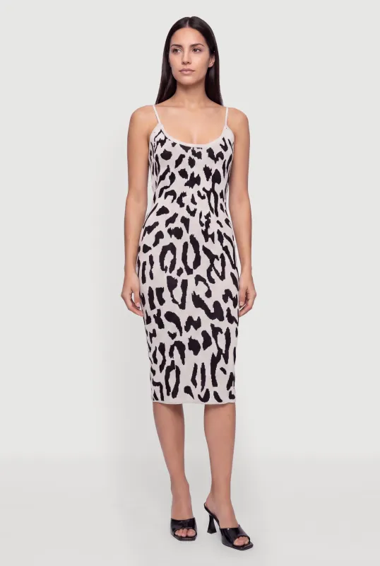 Leopard Print Spaghetti Strap Midi Sweater Dress made by Rainbow