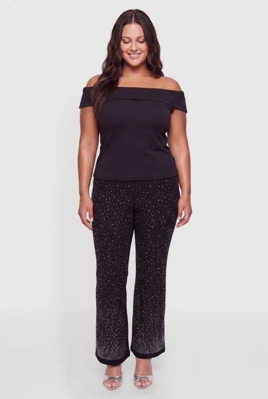 Plus Size Rhinestone Studded Flare Leg Pull On Pants made by Rainbow