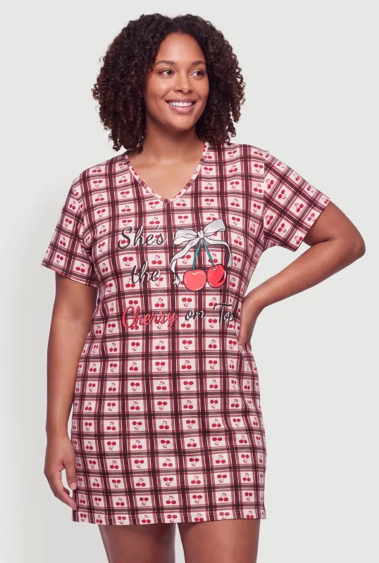 Plus Size Printed Pattern Short Sleeve V Neck Sleepshirt made by Rainbow