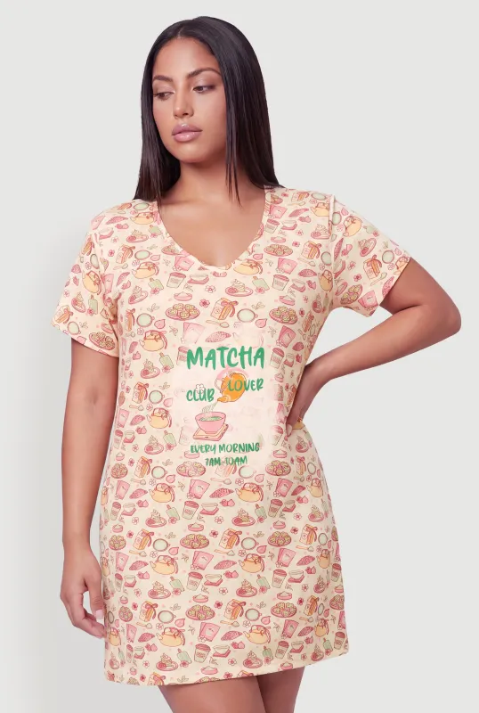Plus Size Printed Pattern Short Sleeve V Neck Sleepshirt made by Rainbow