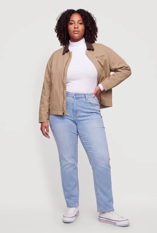 Plus Size Contrast Trim Zip Front Barn Jacket made by Rainbow