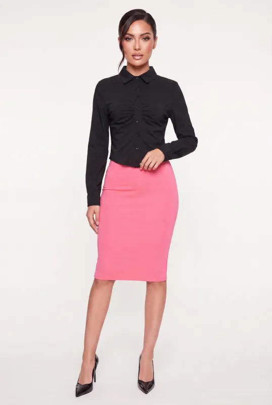 Ruched Button Front Long Sleeve Shirt made by Rainbow