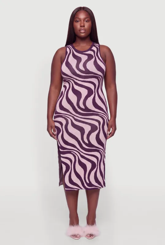 Plus Size Abstract Swirl Print Knit Side Slit Dress made by Rainbow
