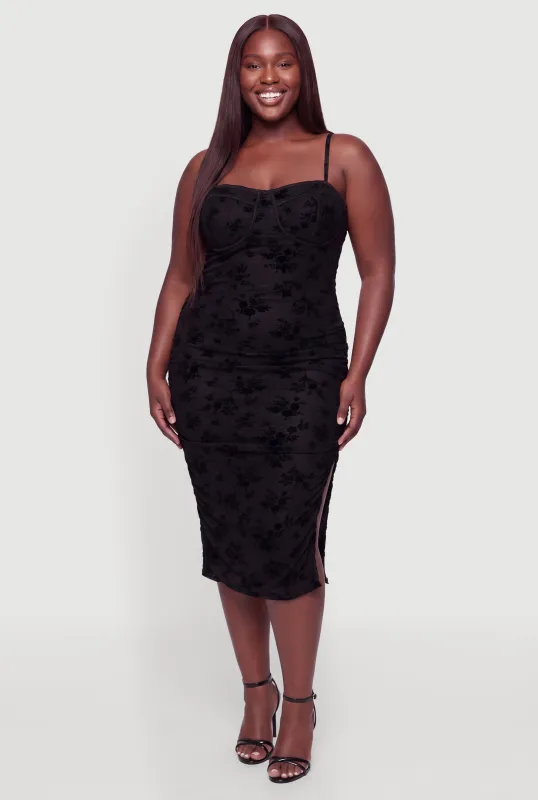 Plus Size Floral Velvet Burnout Mesh Ruched Bustier Dress made by Rainbow