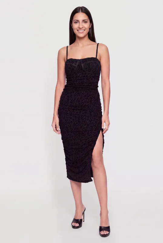 Leopard Print Velvet Burnout Mesh Ruched Bustier Dress made by Rainbow