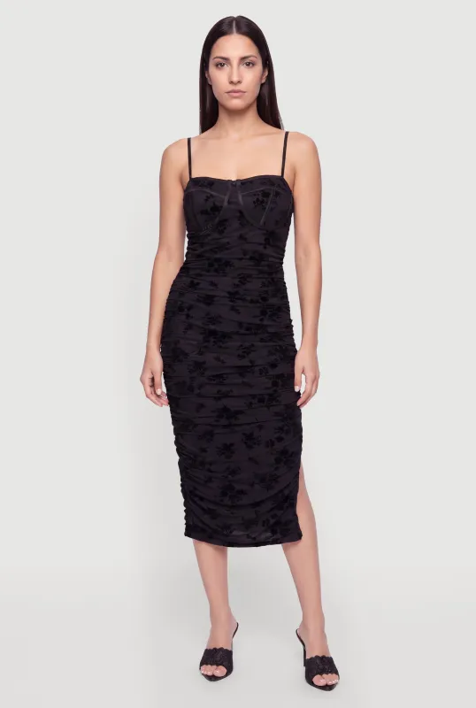 Floral Velvet Burnout Mesh Ruched Bustier Dress made by Rainbow
