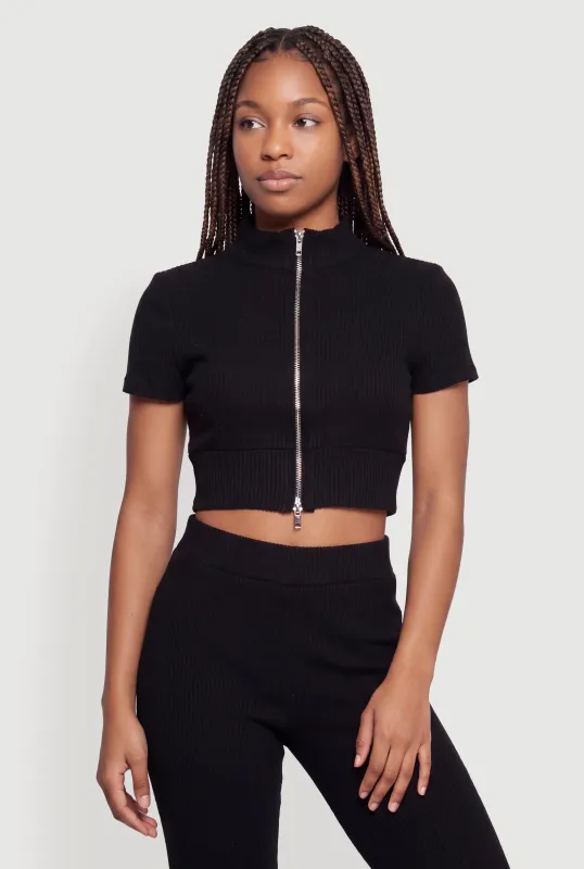 Brushed Ribbed Knit Zip Front Crop Top made by Rainbow