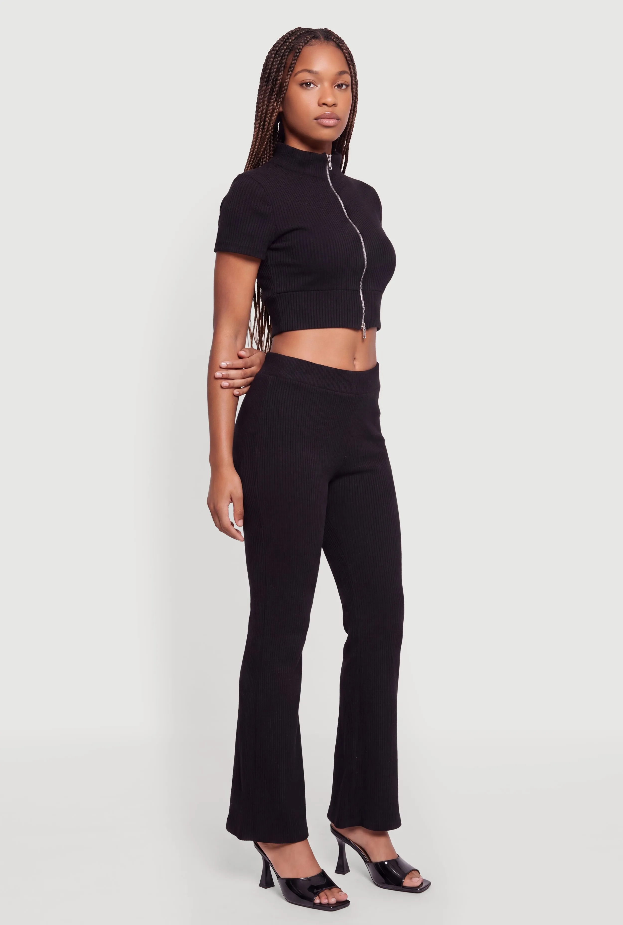 Brushed Ribbed Knit Zip Front Crop Top sold by Rainbow product image thumbnail 3