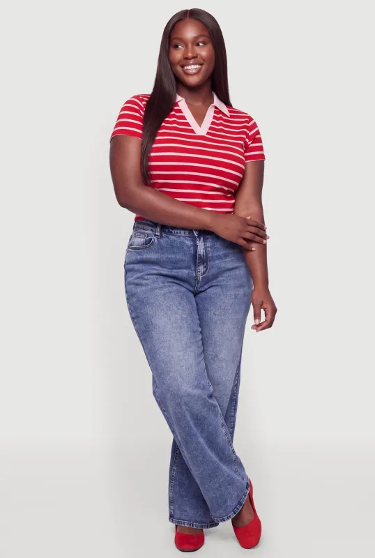 Plus Size Striped Short Sleeve Polo Shirt made by Rainbow