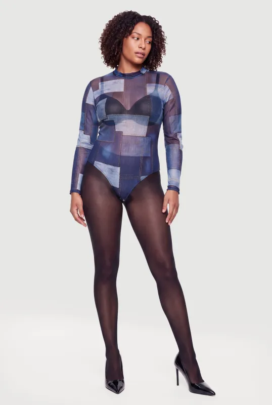 Plus Size Patchwork Denim Print Long Sleeve Mesh Bodysuit made by Rainbow
