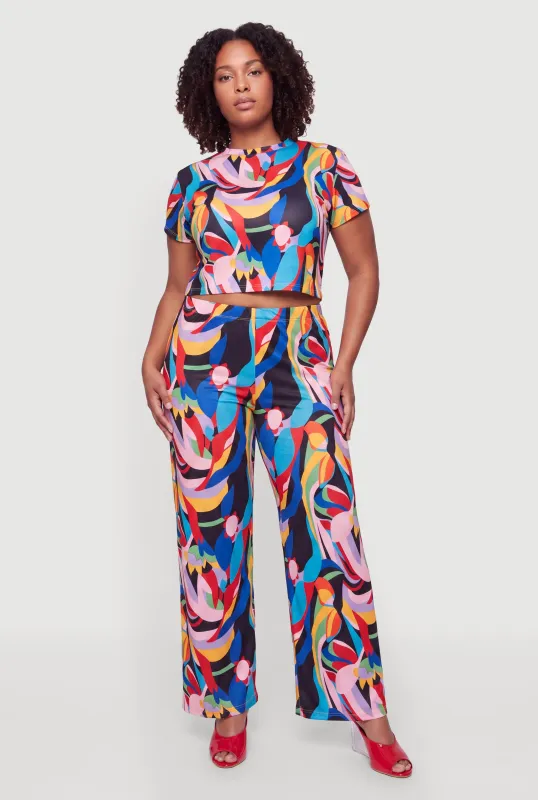 Plus Size Abstract Print Wide Leg Pants made by Rainbow