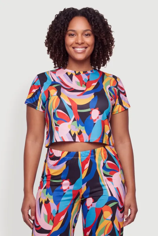 Plus Size Abstract Print Short Sleeve Crop Top made by Rainbow