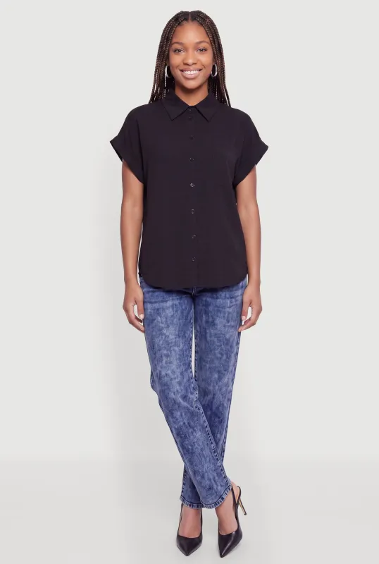 Crepe Knit Dolman Sleeve Button Front Collared Shirt made by Rainbow