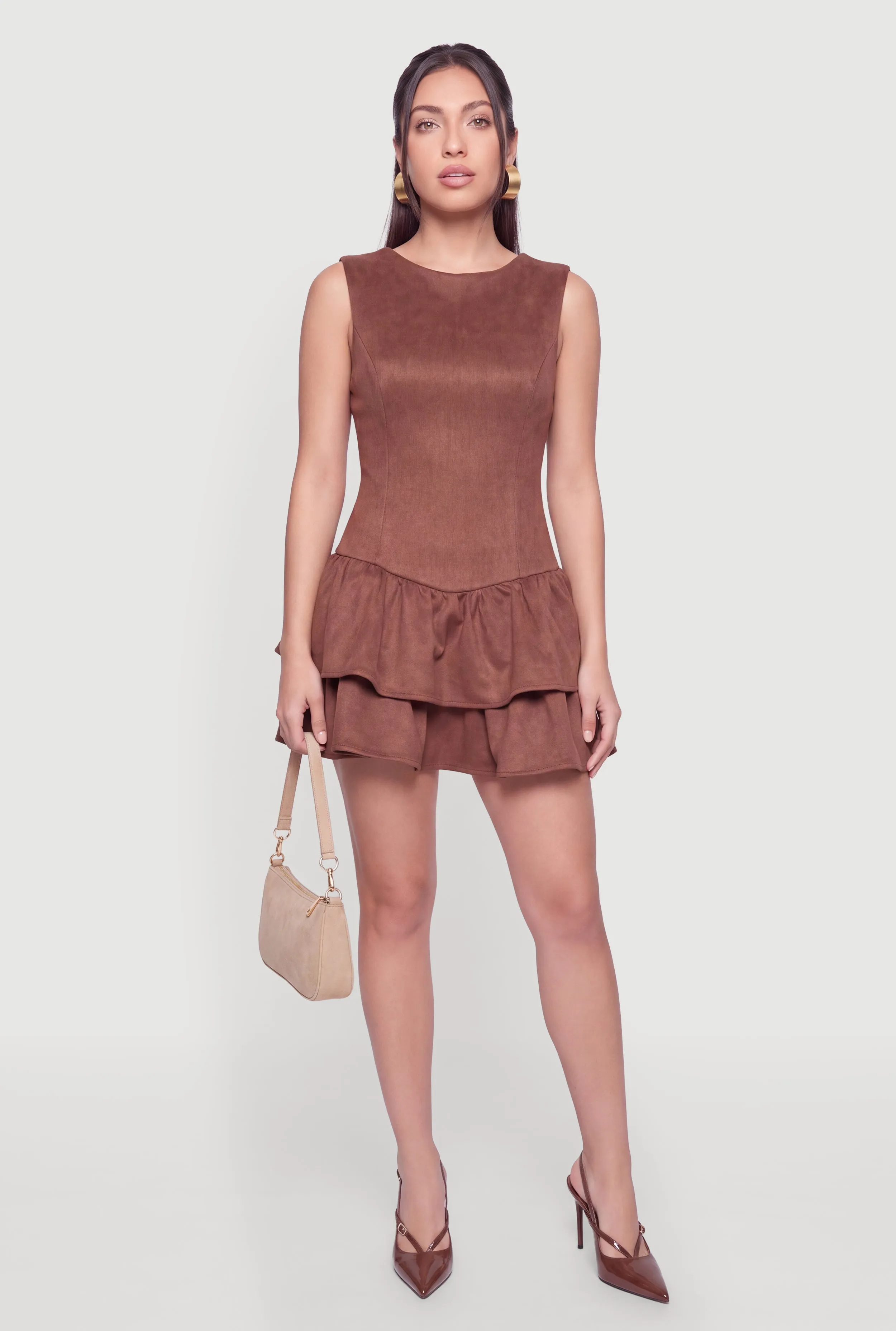 Faux Suede Tiered Ruffle Drop Waist Mini Dress sold by Rainbow product image thumbnail 2