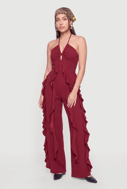 Ruffle Detail Wide Leg Halter Jumpsuit made by Rainbow