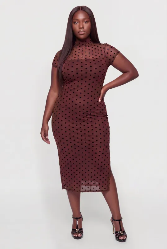 Plus Size Polka Dot Velvet Burnout Mesh Midi Dress made by Rainbow