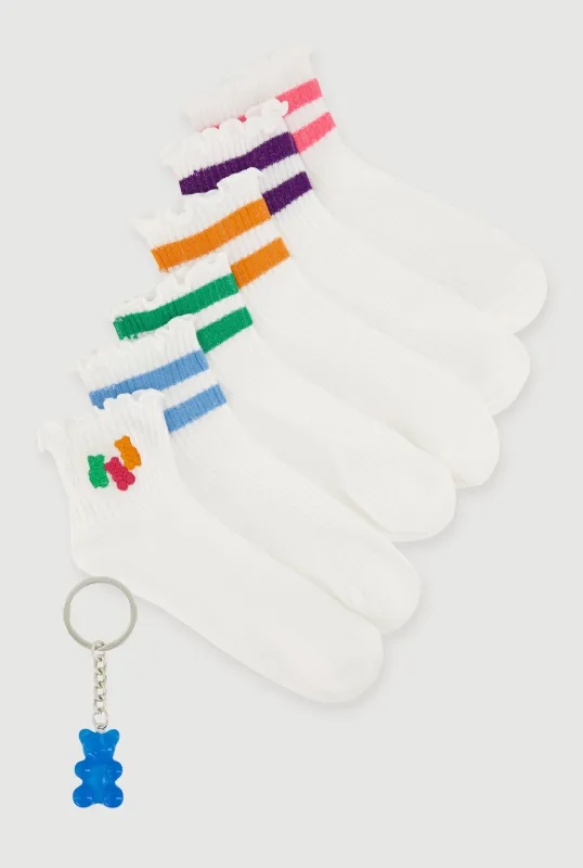 Lettuce Edge Ankle Socks 6 Pack Size 9-11 with Bear Charm Keychain made by Rainbow