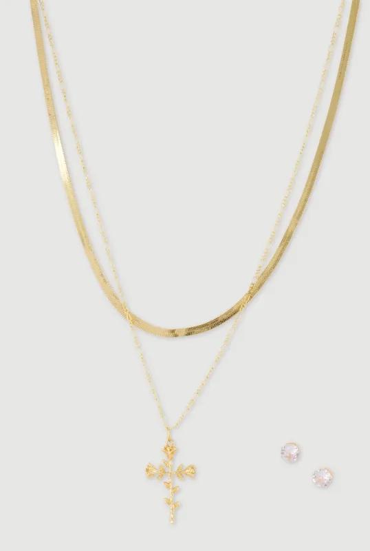 Rose Cross Layered Necklace and Stud Earrings made by Rainbow