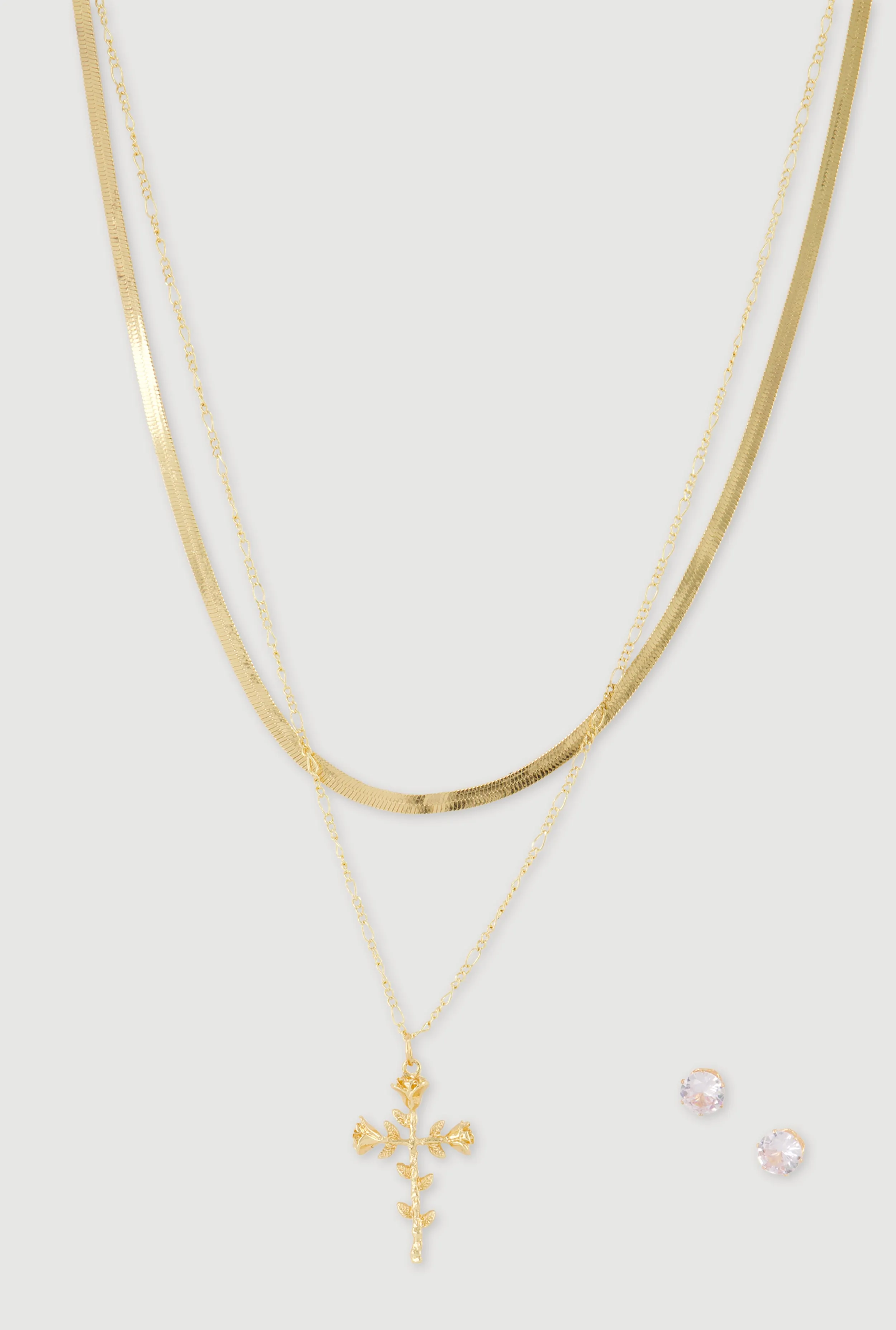 Rose Cross Layered Necklace and Stud Earrings sold by Rainbow