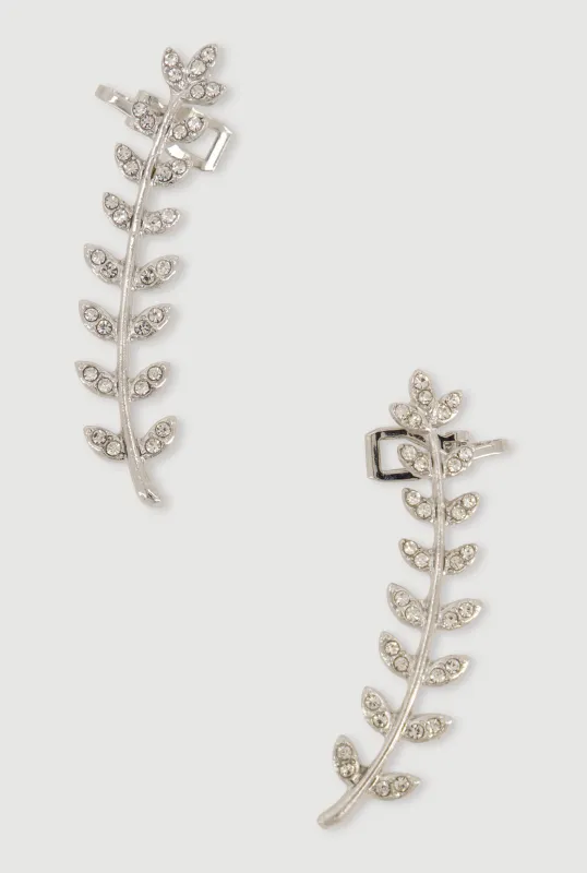 Rhinestone Leaf Clip On Crawler Earrings made by Rainbow