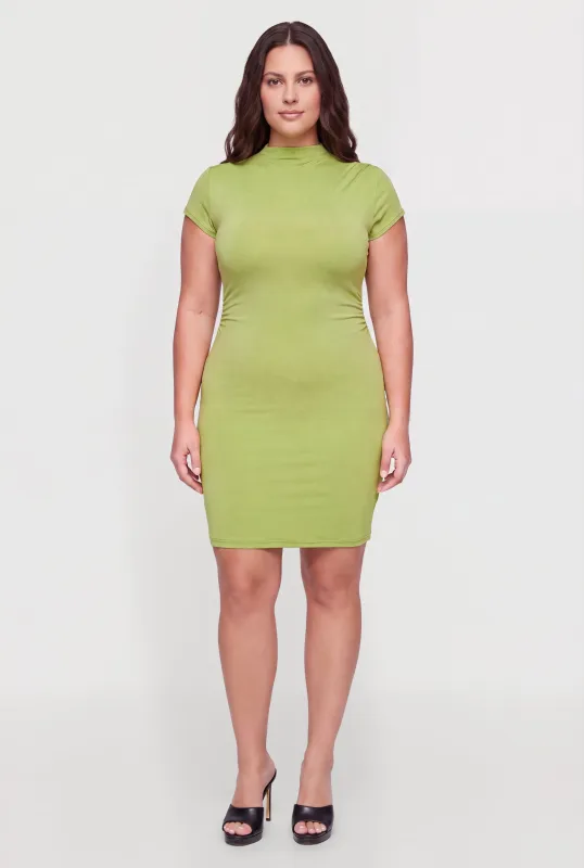 Plus Size Funnel Neck Ruched Mini Dress made by Rainbow