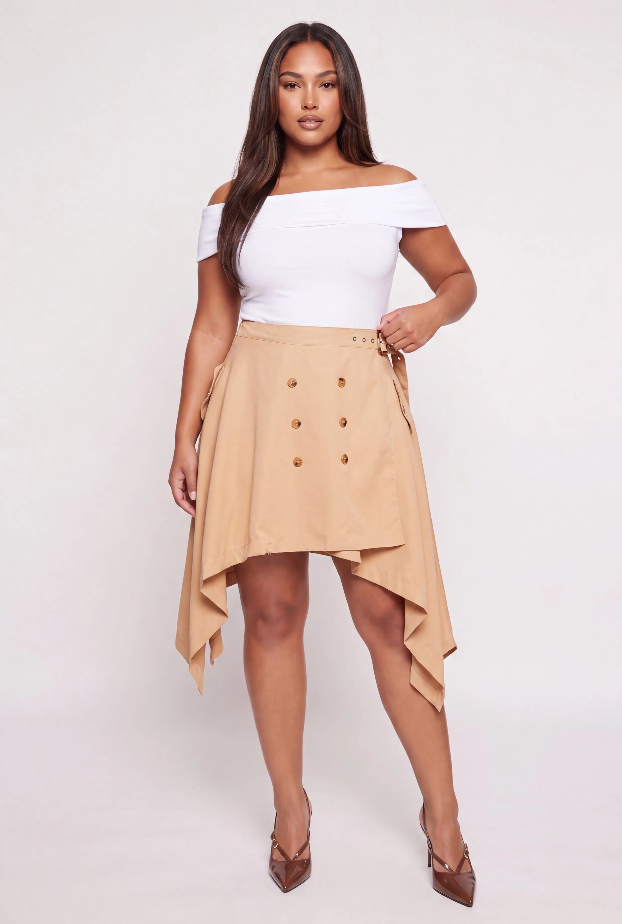 Plus Size Belted High Low Skirt sold by Rainbow
