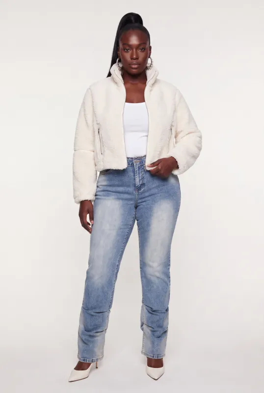 Plus Size Faux Leather Detail Zip Front Sherpa Jacket made by Rainbow