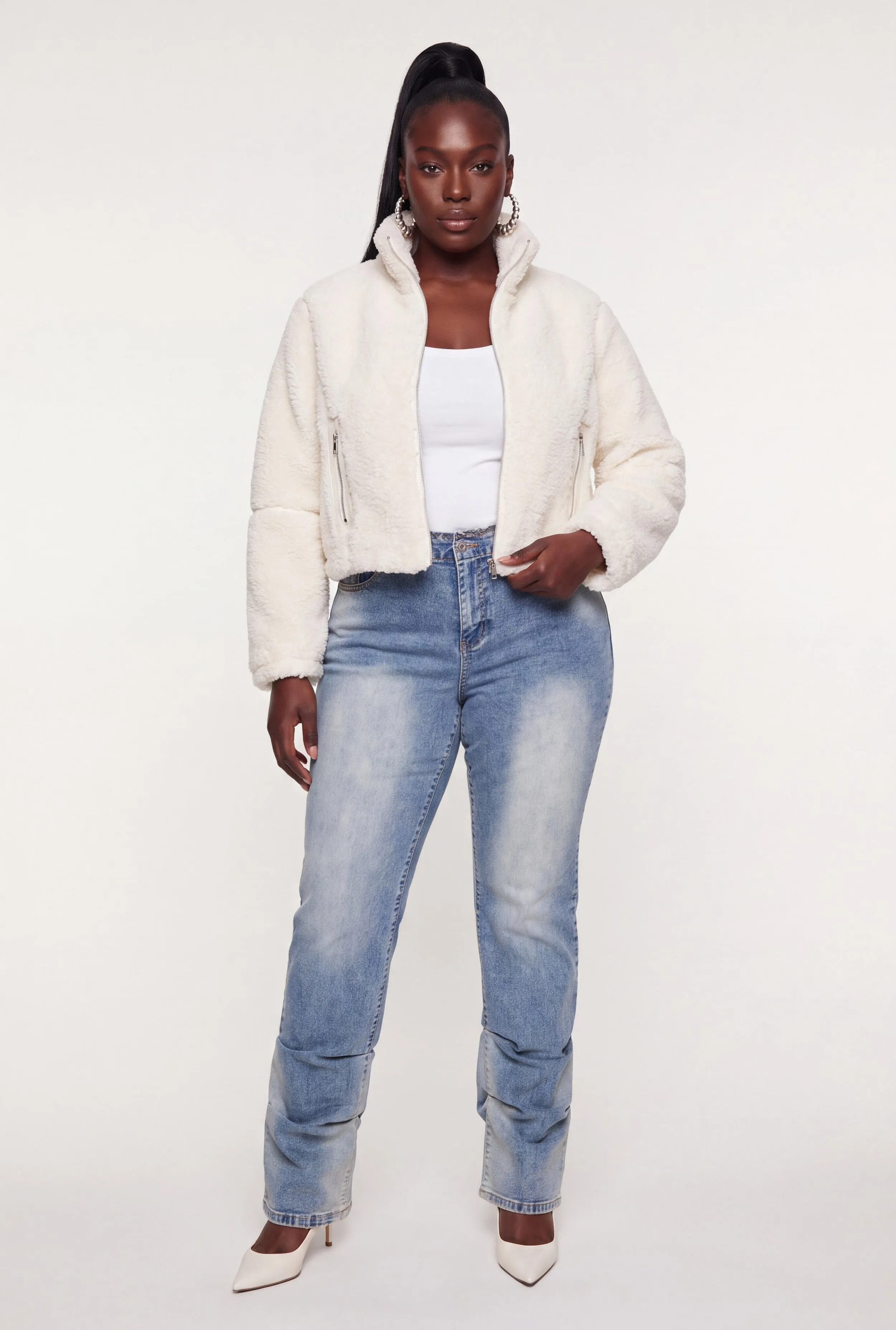 Plus Size Faux Leather Detail Zip Front Sherpa Jacket sold by Rainbow
