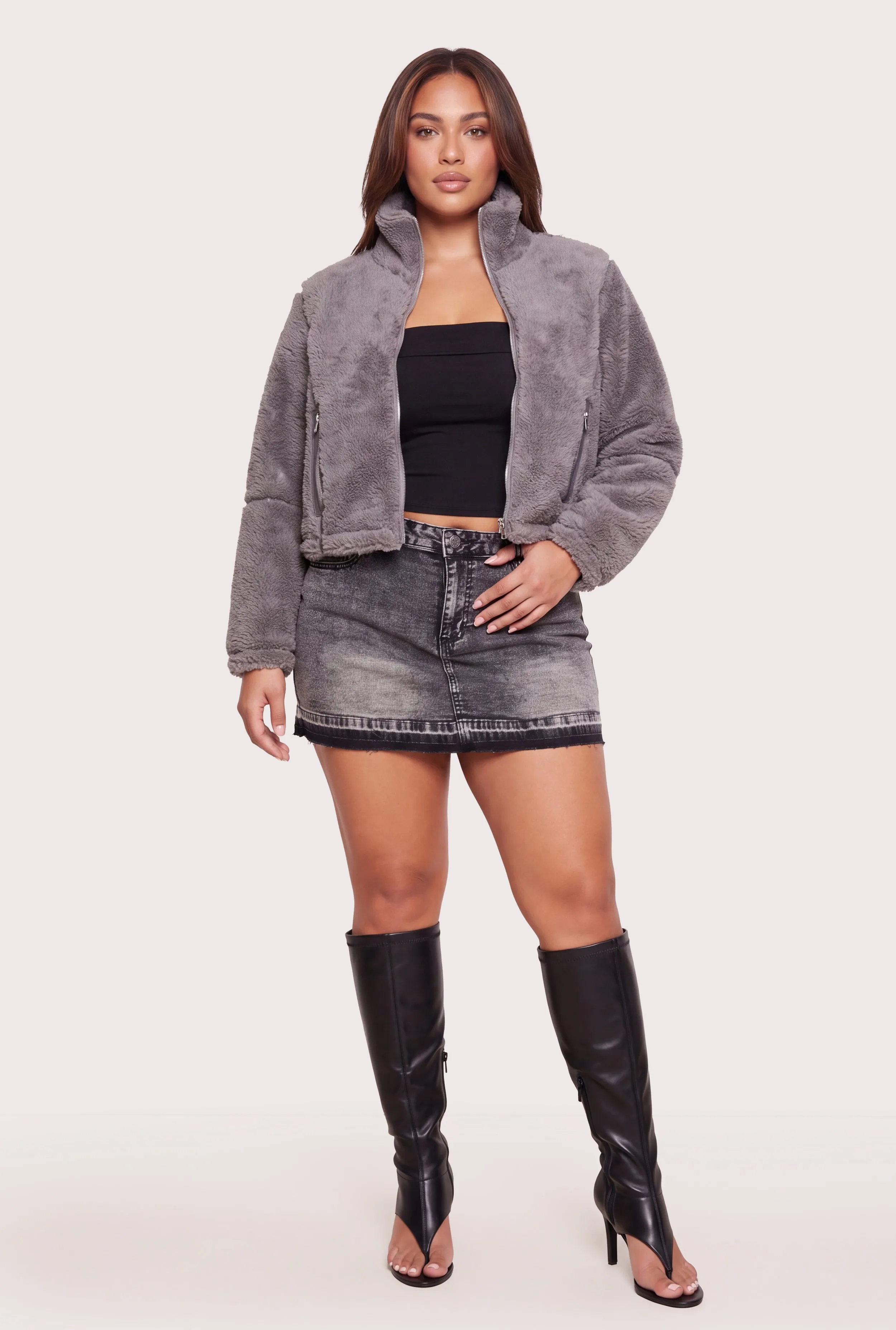 Plus Size Faux Leather Detail Zip Front Sherpa Jacket sold by Rainbow product image thumbnail 3
