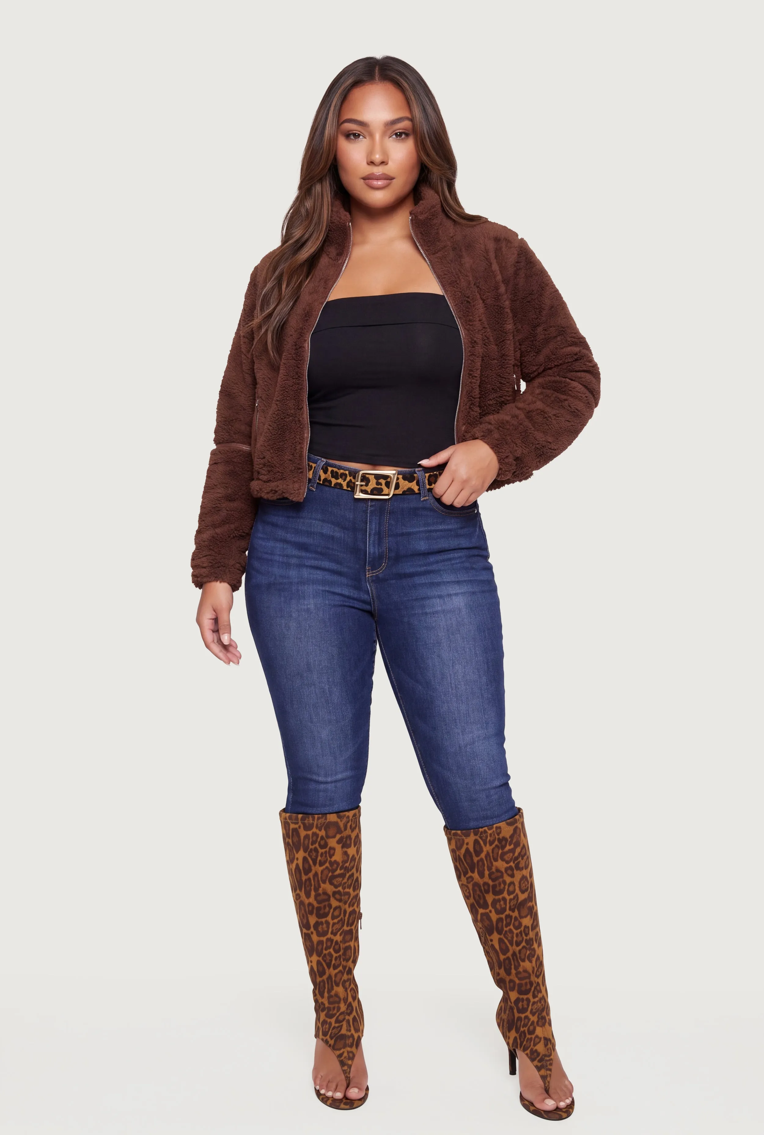 Plus Size Faux Leather Detail Zip Front Sherpa Jacket sold by Rainbow product image thumbnail 2
