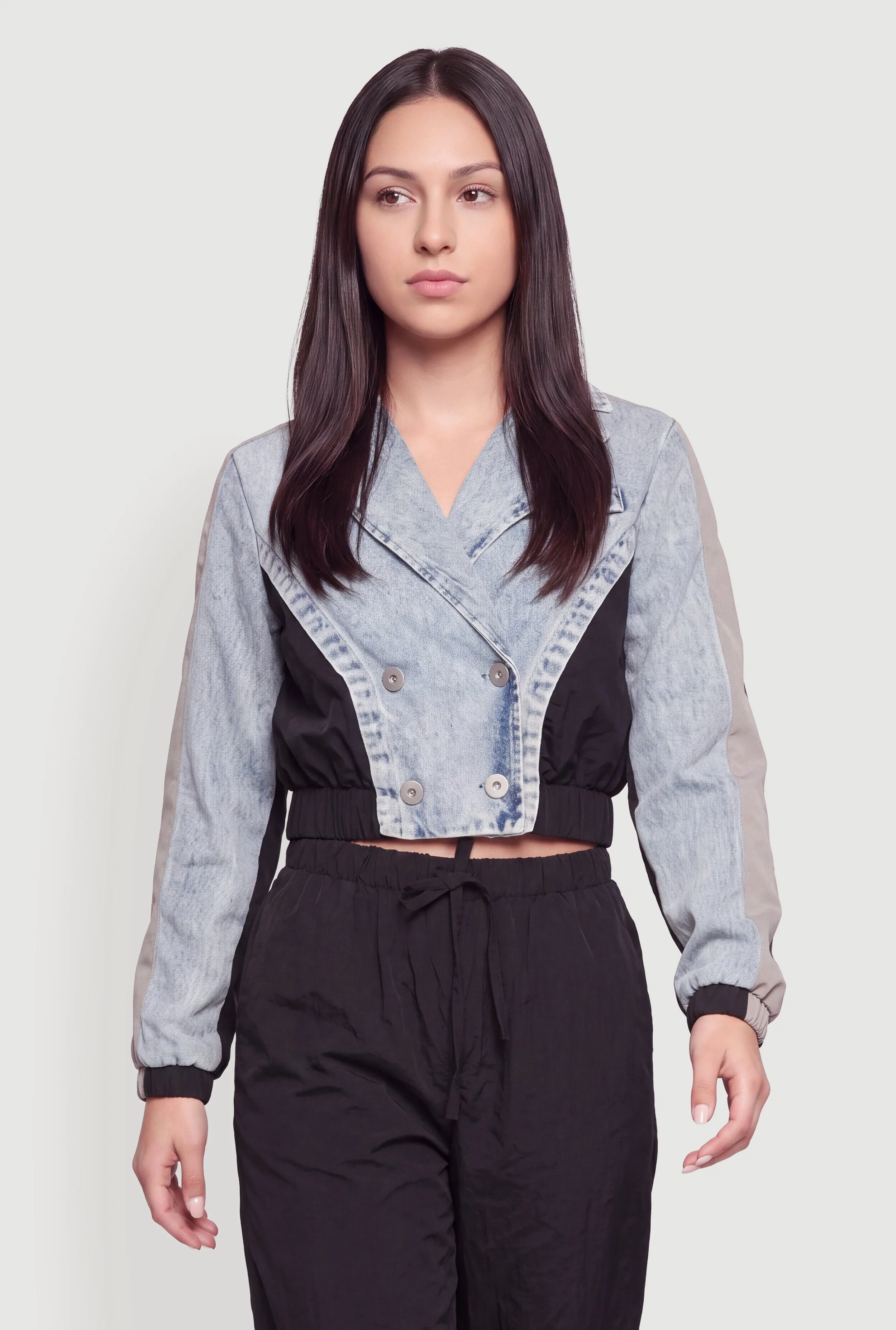 Double Breasted Mixed Media Cropped Jacket sold by Rainbow