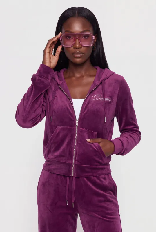 Rhinestone Dream Graphic Velour Zip Front Hoodie made by iris