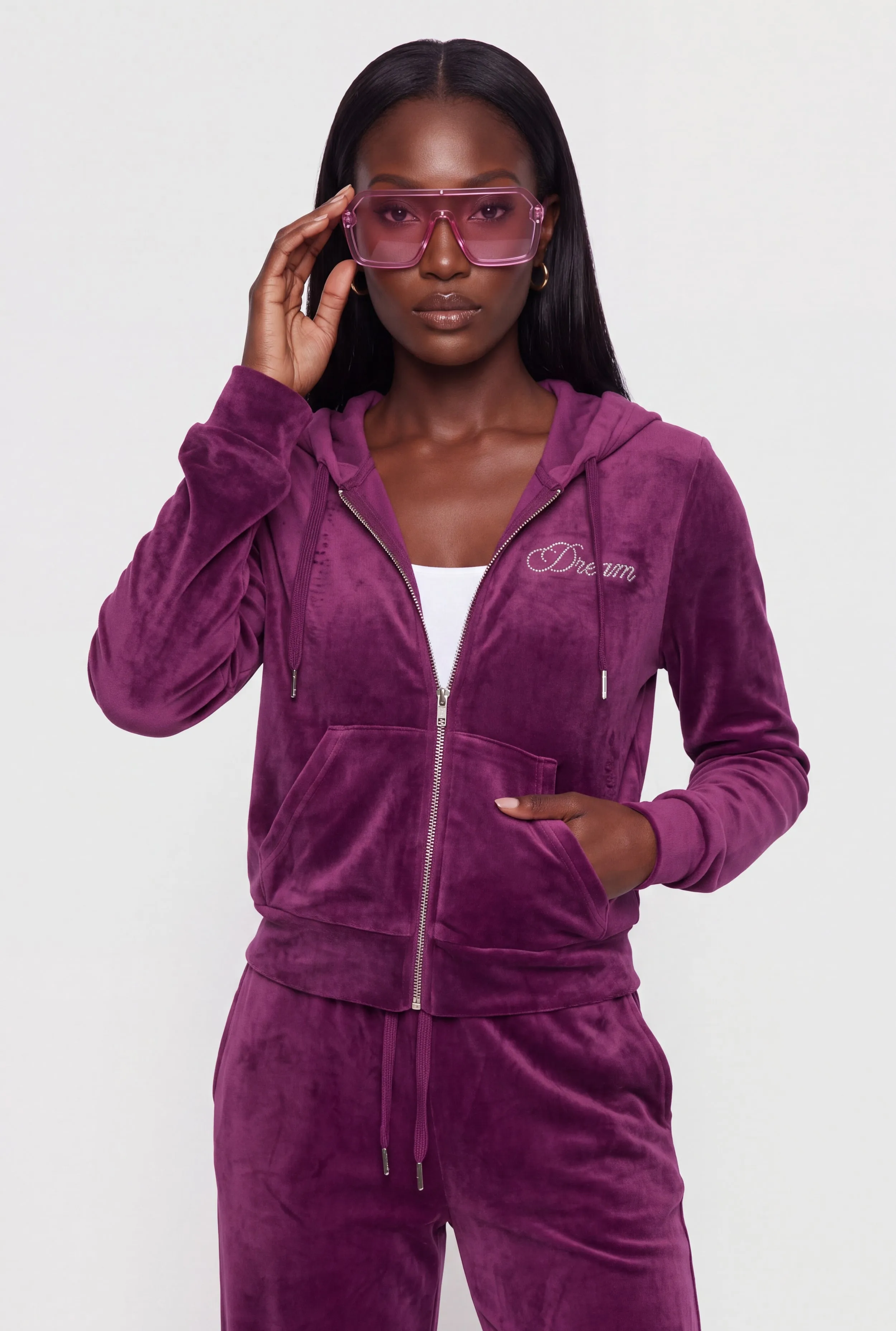 Rhinestone Dream Graphic Velour Zip Front Hoodie sold by Rainbow