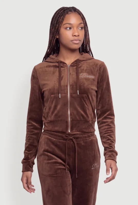 Rhinestone Dream Graphic Velour Zip Front Hoodie made by iris