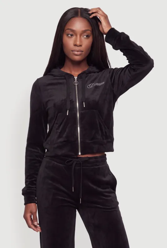 Rhinestone Dream Graphic Velour Zip Front Hoodie made by iris