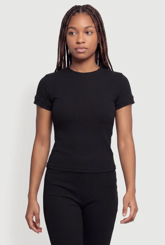 Ribbed Knit Short Sleeve Crew Neck Tee made by Rainbow