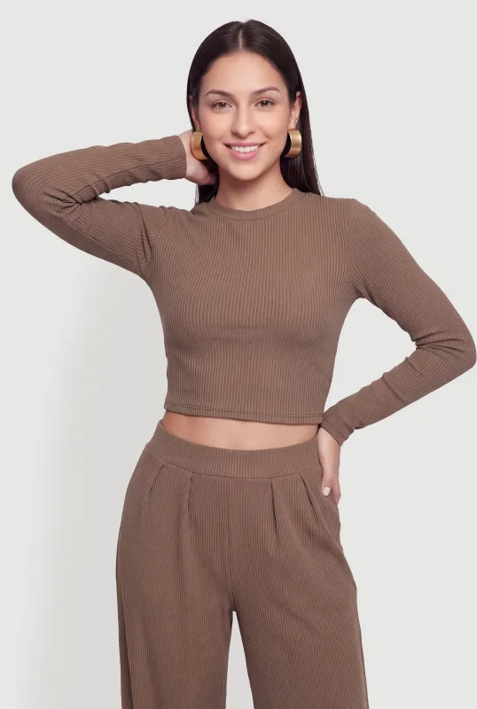Brushed Ribbed Knit Long Sleece Crop Top made by Rainbow