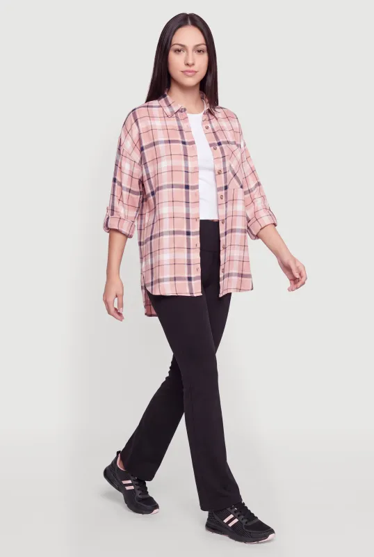 Plaid Roll Tab Sleeve Button Front Shirt made by Ambiance