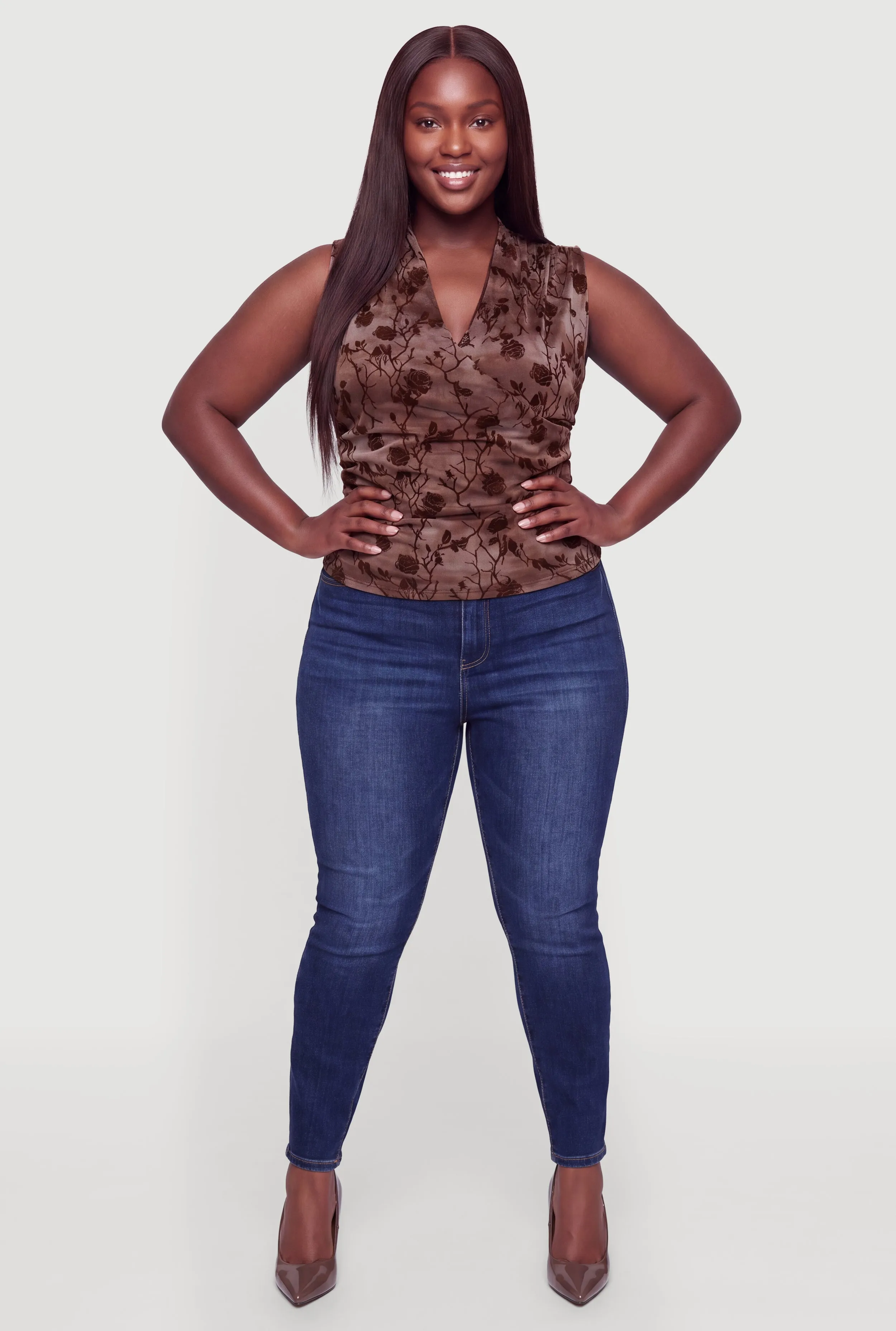 Plus Size Floral Velvet Burnout Mesh Faux Wrap Top sold by Rainbow