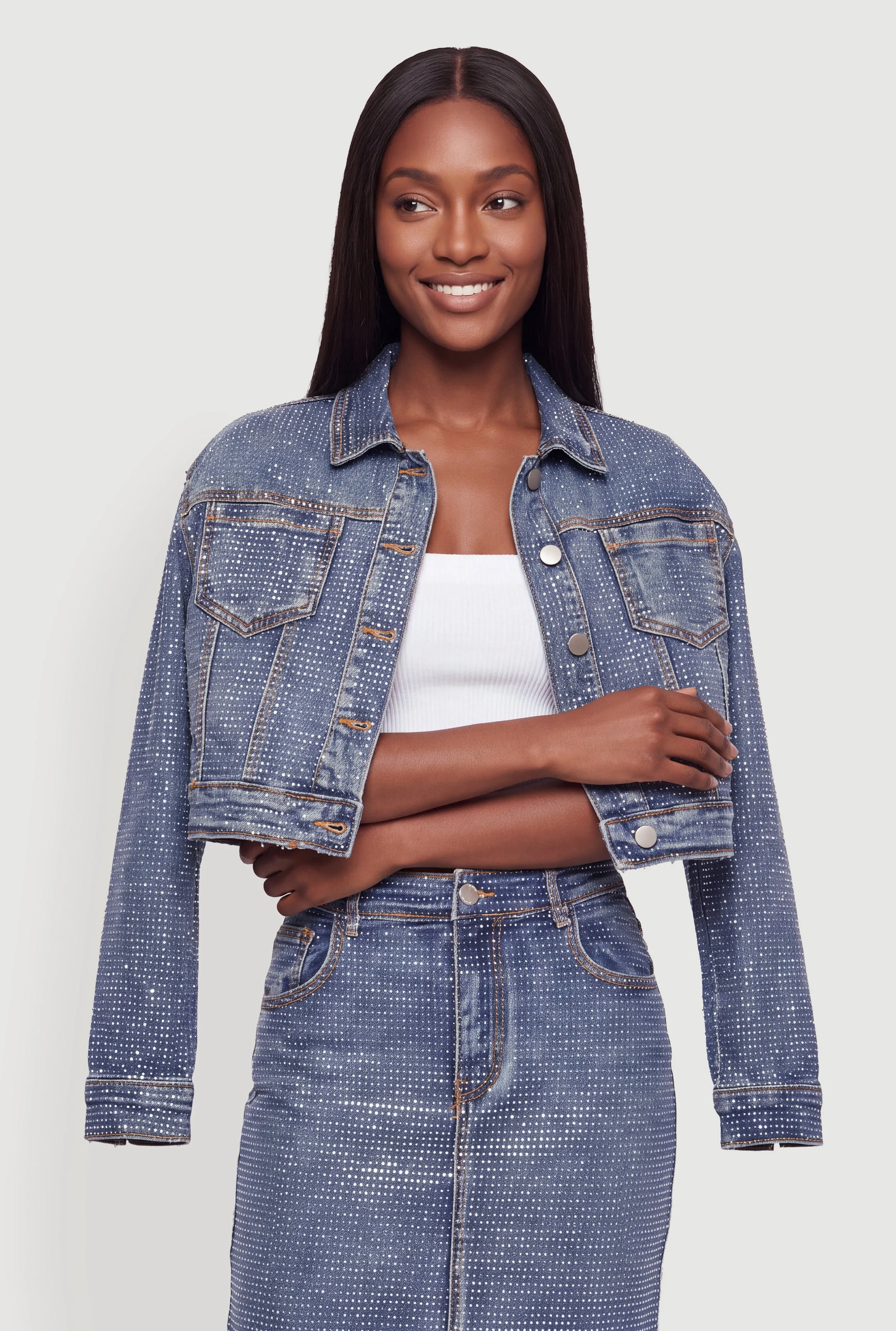 Rhinestone Cropped Denim Jacket sold by Rainbow
