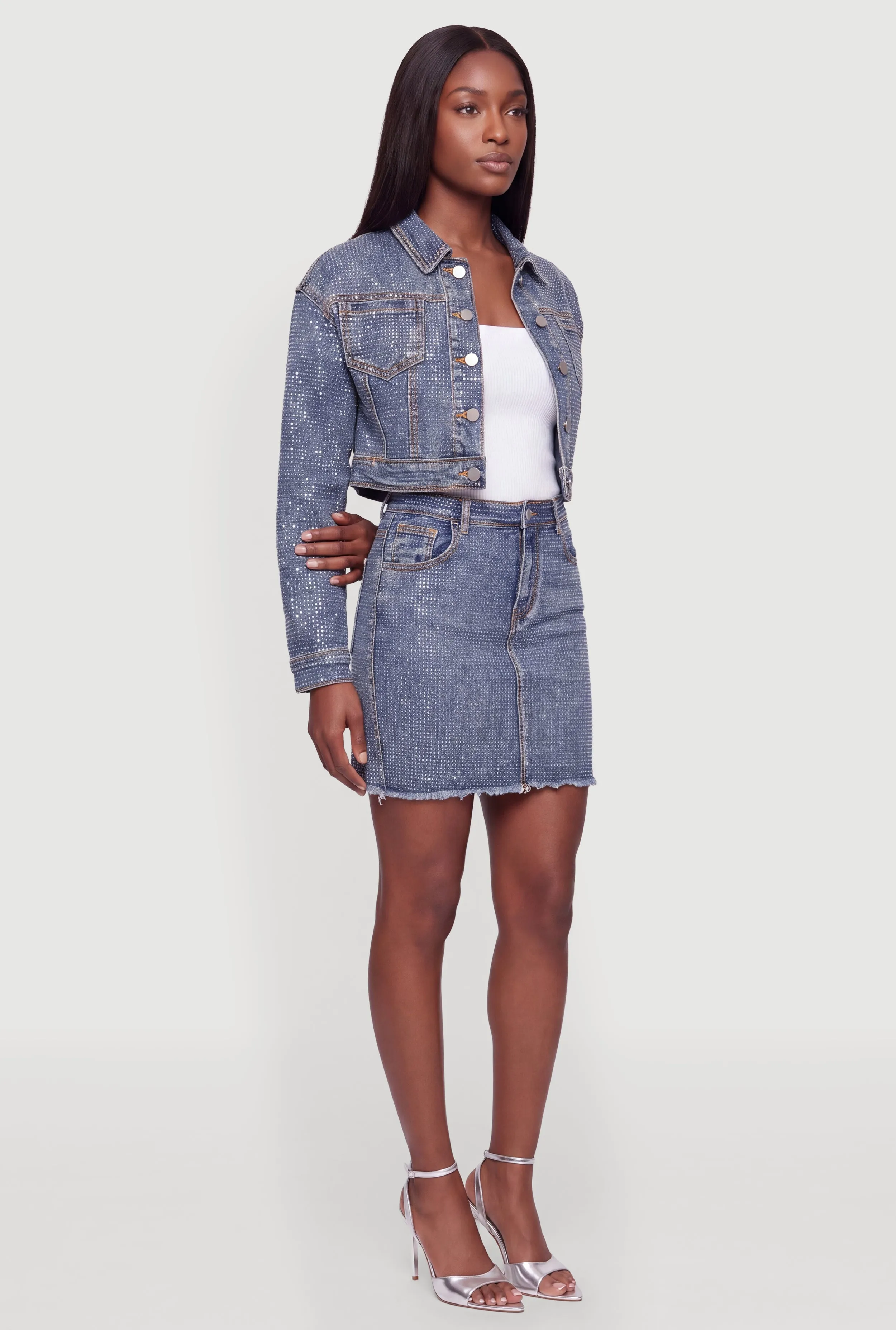 Rhinestone Cropped Denim Jacket sold by Rainbow product image thumbnail 3