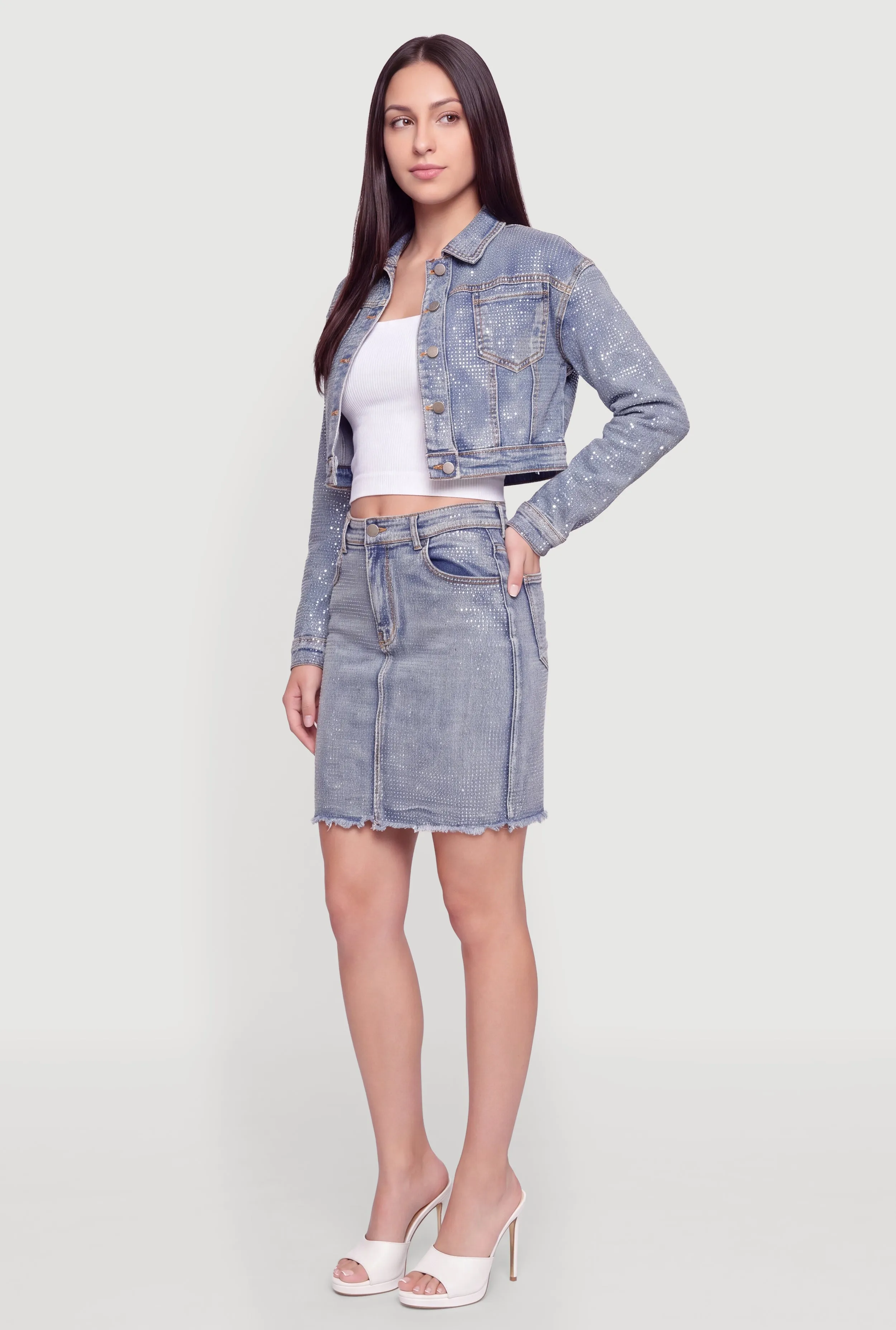 Rhinestone Cropped Denim Jacket sold by Rainbow product image thumbnail 3