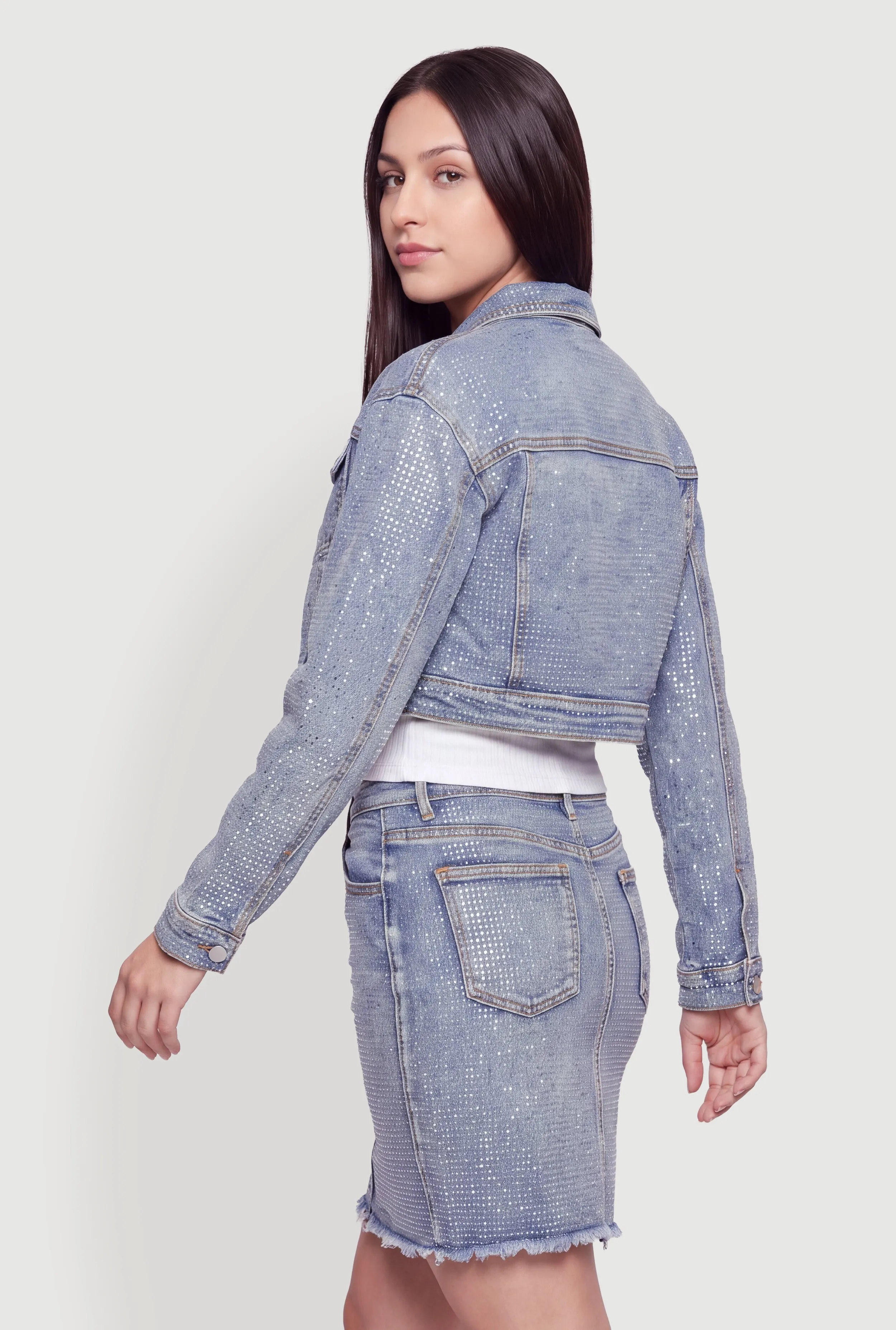 Rhinestone Cropped Denim Jacket sold by Rainbow product image thumbnail 5