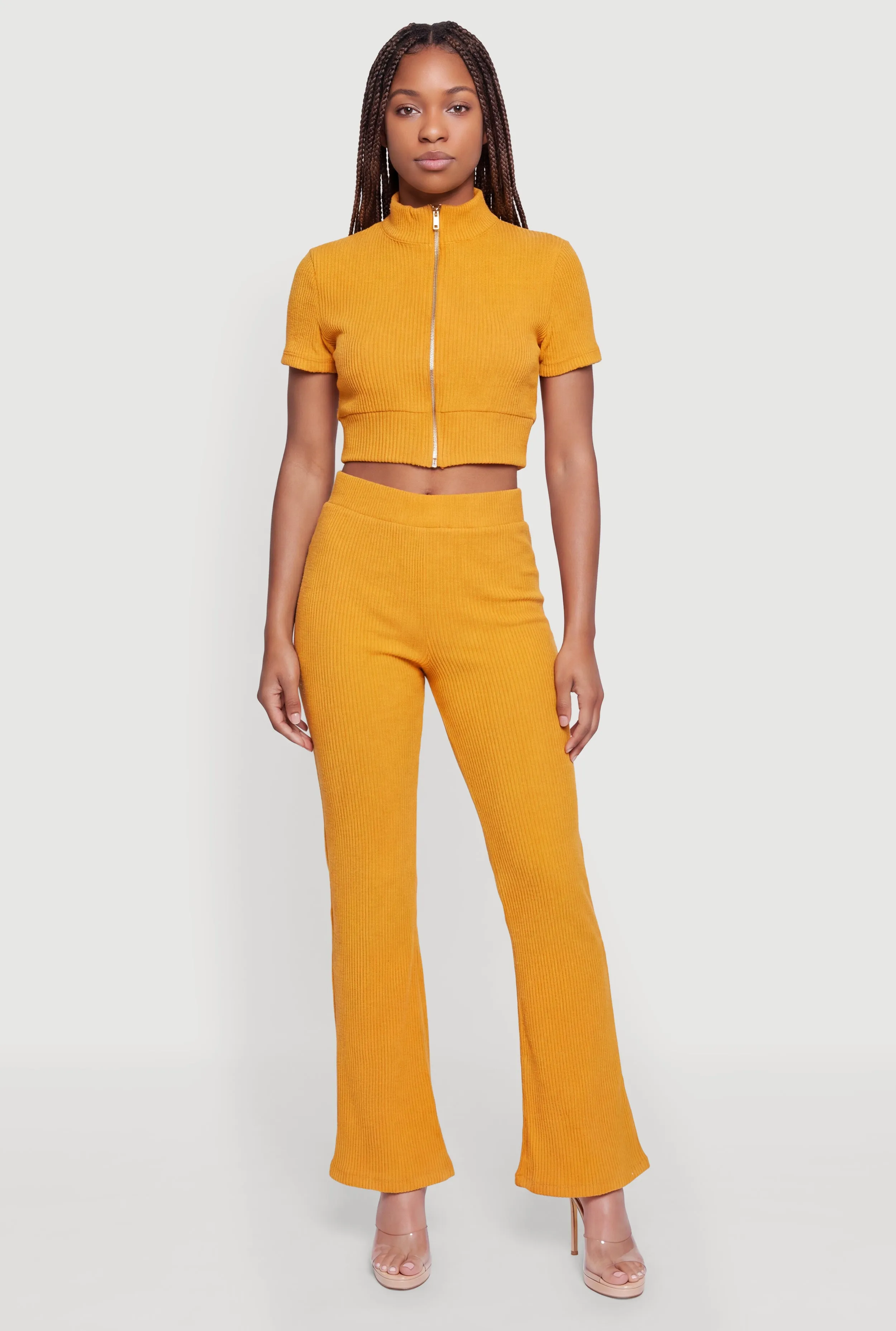 Brushed Ribbed Knit Zip Front Crop Top sold by Rainbow product image thumbnail 2